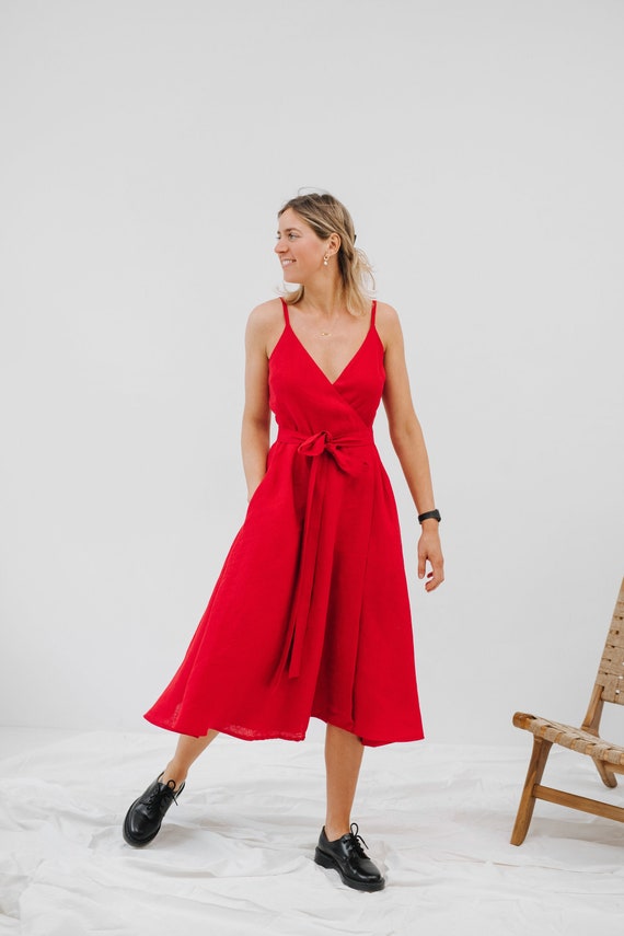 Cara Dress Wrap Cami Linen Dress Bridesmaids Cami Wrap Dress Red