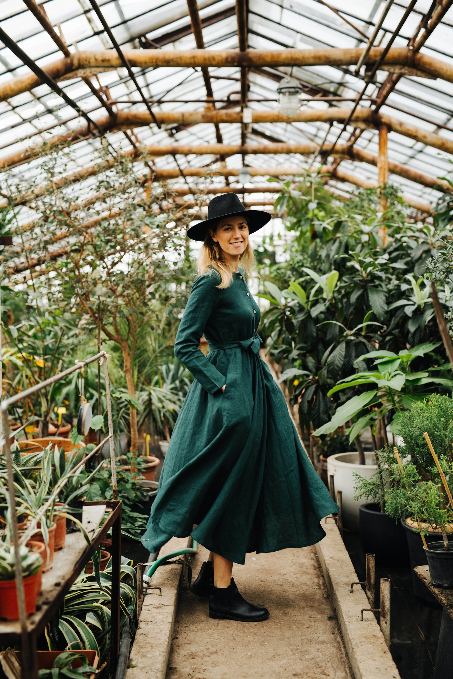 Rose Dress Dark Green Dress Bridesmaids Linen Dress Boho - Etsy