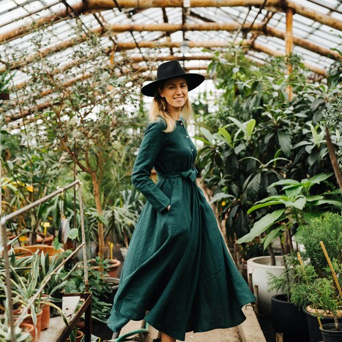 Rose Dress Dark Green Dress Bridesmaids Linen Dress Boho - Etsy Norway