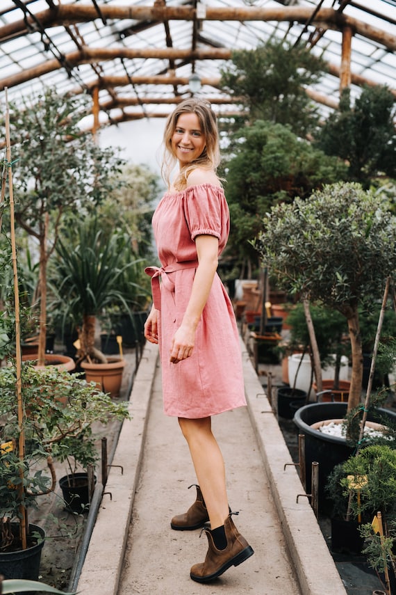 brown dress with pink shoes Poppy - Linen Dress - off Shoulder Dress - Vacation Linen Dress - Women Linen Dress - Short Linen Dress - Bridesmaids Linen Dress Bridesmaid Dress, Bridesmaid Dresses, ModelID: 106 customized that stays in US SIZE:US14