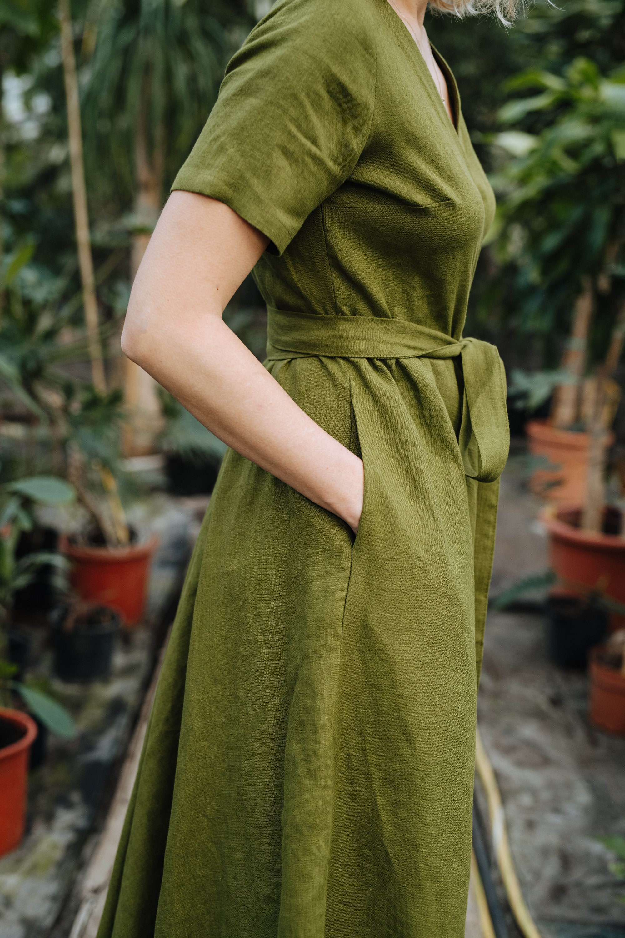 Lisbon Dress - Wrap Linen Dress - Green Linen Dress - Bridesmaids