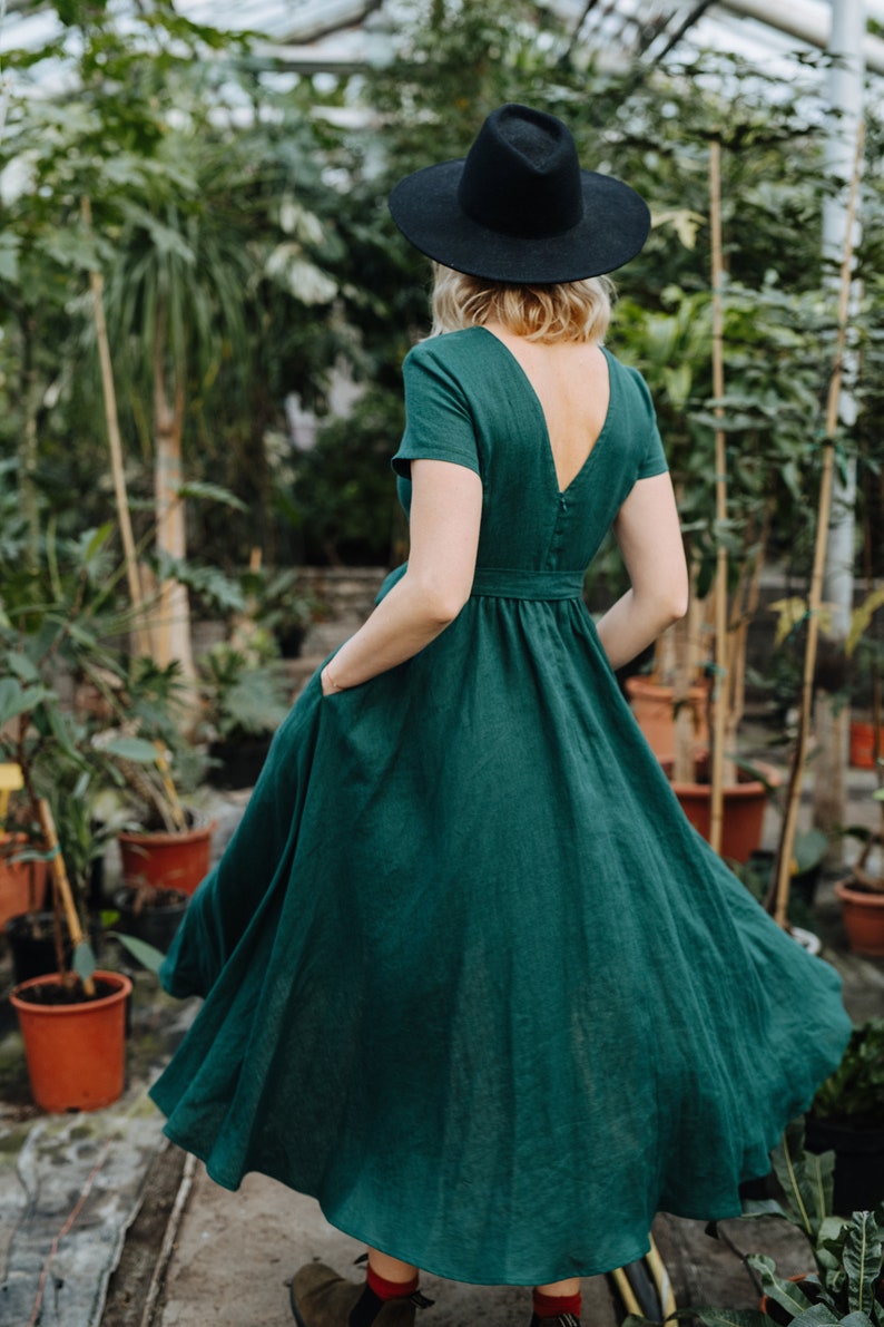 Helena Dress Green Linen Dress V Back Linen Dress Wide Skirt Linen Dress Bridesmaids Linen Dress Wedding Linen Dress Summer Dress image 2