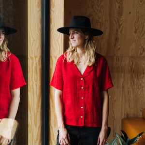 Mexico Top - Linen Top - Linen Shirt - Linen Blouse - Basic Linen Top - Short Linen Top - Women Linen Top - Summer Linen Top - Red Linen Top