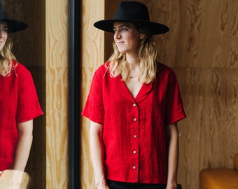 Mexico Top - Linen Top - Linen Shirt - Linen Blouse - Basic Linen Top - Short Linen Top - Women Linen Top - Summer Linen Top - Red Linen Top