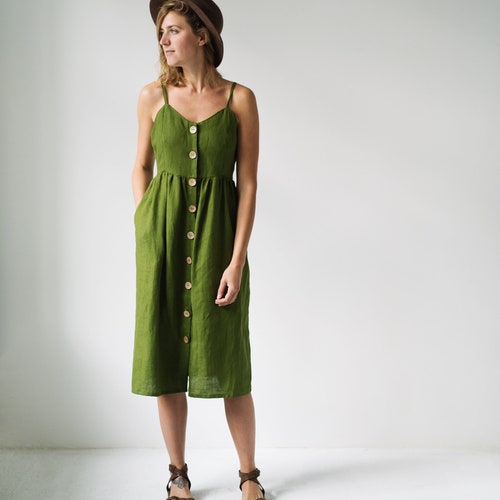 San Jose Dress Green Linen Dress Summer Linen Dress Slip - Etsy