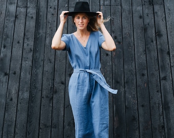 Vestido de Oporto, vestido de lino, vestido de lino de gran tamaño, vestido de lino ajustado suelto, vestido de lino largo, vestido de lino V, vestido de lino de verano, vestido azul
