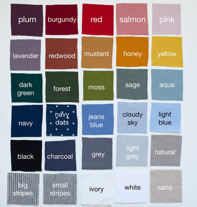 May include: A collection of fabric swatches in various colors and patterns, including plum, burgundy, red, salmon, pink, lavender, redwood, mustard, honey, yellow, dark green, forest, moss, sage, aqua, navy, navy dots, jeans blue, cloudy sky, light blue, black, charcoal, grey, light grey, natural, big stripes, small stripes, ivory, white, and sand.