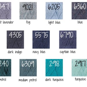 May include: A colour chart of yarn samples in various shades of blue, teal, and turquoise. The yarn samples are labelled with numbers and names, including sweet lavender, fog, light blue, blue, dark indigo, navy blue, captain blue, petrol, medium petrol, dark turquoise, and turquoise.