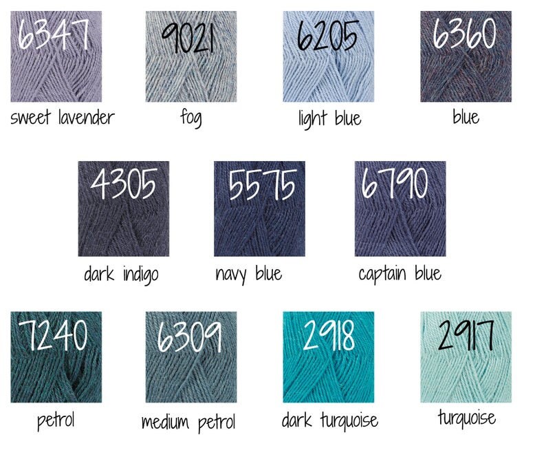 May include: A colour chart of yarn samples in various shades of blue, teal, and turquoise. The yarn samples are labelled with numbers and names, including sweet lavender, fog, light blue, blue, dark indigo, navy blue, captain blue, petrol, medium petrol, dark turquoise, and turquoise.