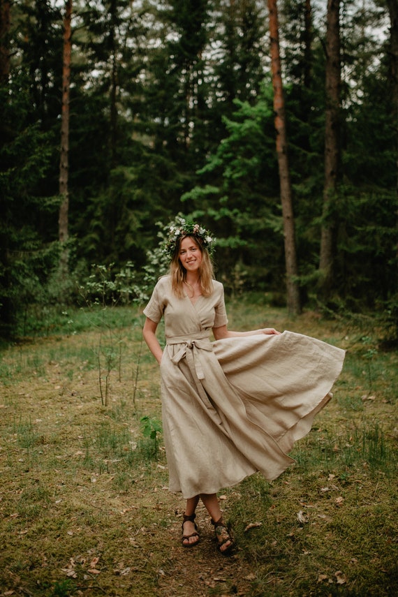 Lisbon Dress - Wrap Dress - Linen Dress - Romantic Dress - Wide Skirt Dress  - Summer Dress - Long Dress - Brown Dress - Women Dress - Etsy Israel