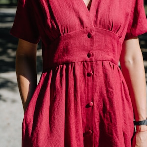 Robe de juillet, robe en lin bordeaux, robe en lin de maternité, robe en lin long, robe en lin de demoiselles dhonneur, robe en lin dété, robe avec boutons image 5