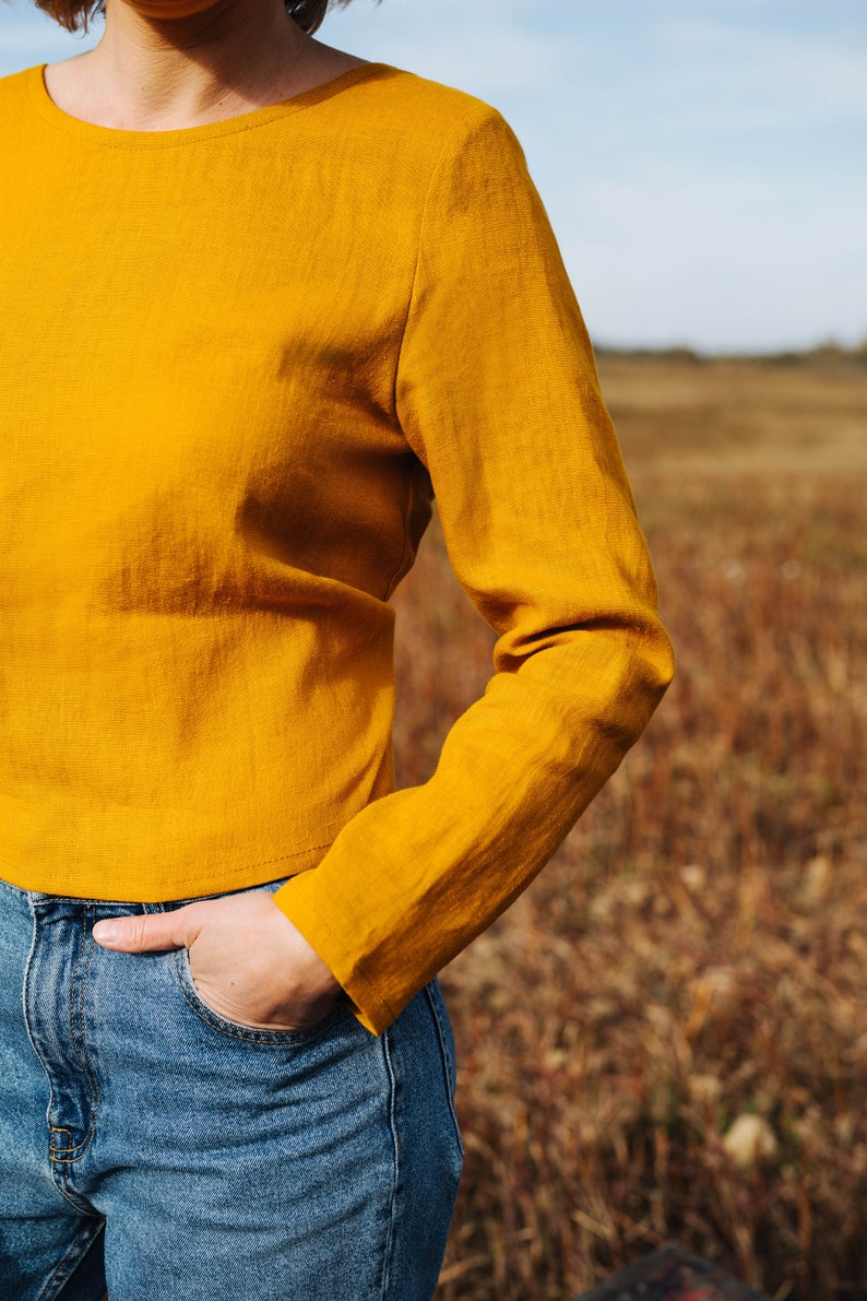 Peony Top Linen Top Backless Linen Top Long Sleeve Linen Top Yellow Linen Top Linen Blouse Women Linen Top Summer Linen Top imagem 2