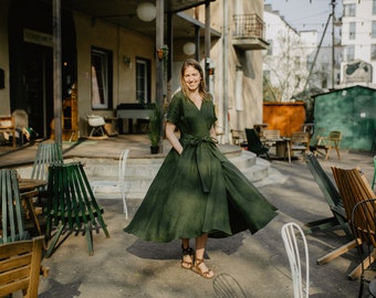 Lisbon dress, Wrap linen dress, Bridesmaids dress, Linen dress, Green dress, Romantic dress, Wide skirt dress, Summer dress