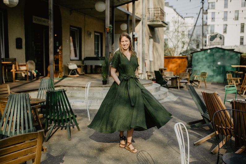 Lisbon dress, Wrap linen dress, Bridesmaids dress, Linen dress, Green dress, Romantic dress, Wide skirt dress, Summer dress image 1