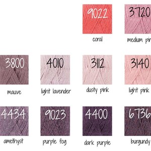 May include: A colour chart of yarn samples in shades of pink, lavender, purple, and burgundy. The yarn colours are labelled with numbers and names, including coral, medium pink, mauve, light lavender, dusty pink, light pink, amethyst, purple fog, dark purple, and burgundy.