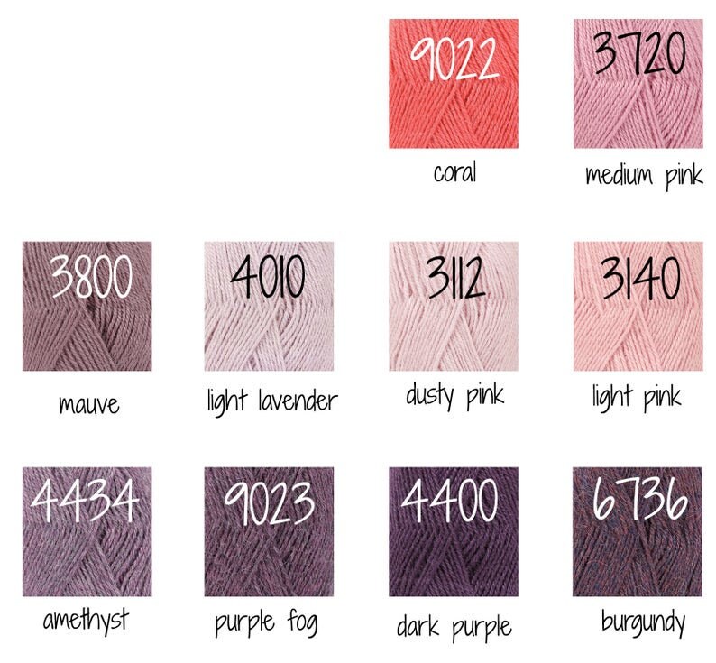 May include: A colour chart of yarn samples in shades of pink, lavender, purple, and burgundy. The yarn colours are labelled with numbers and names, including coral, medium pink, mauve, light lavender, dusty pink, light pink, amethyst, purple fog, dark purple, and burgundy.