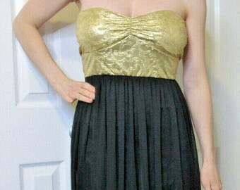 Evita Party Dress, Vintage 80s, Gold Black Cocktail Date night huba huba PROM Metallic High Low British New With Tag UK 10 Womens Size 4 - 6