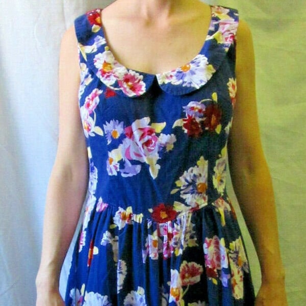 Vintage Dress Navy Floral Sleeveless Fitted Bust New Look Summer Spring Lightweight Office Go To Church Easter Womens UK 12 - USA Size 8