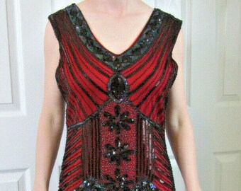 Vintage Dress Red Black Lace Downton Abbey Flapper Costume Party masquerade ball Dance Fringe PROM Sequins Sexy Womens Size XL