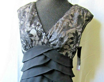 Sexy Black Silver Dress, Scarlett Nite Lace Chiffon Layers, Office, Cocktail, Party Dress, PROM OOAK, Unique New with Tags, Woman USA Size 4