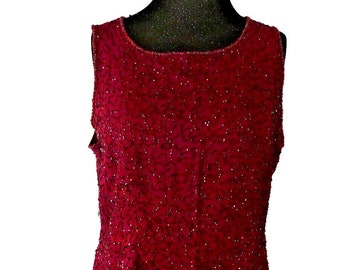 Beaded Blouse Size 12 British Burgundy Top for Evening a Tunic UK Designer Modest Cocktail Party Formal Prom Fashion Retro Unique