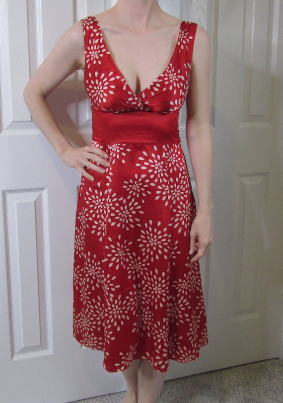 Vintage Ted Baker Red Silk Dress Low V Sleeveless 