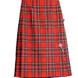 Laxey Red Plaid Skirt Size S/M Vintage Wrap Scottish Kilt Pleated 100% Wool Isle of Man Sheep IOM Pin Fringe Straps to Close RARE Unique