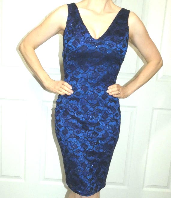 Easter Blue Pencil Dress Size 4 Black Lace Vintage Proper British Wedding Guest BodyCon Sheath Fancy Outfit, Party Wear Gussy Up Sunday Best