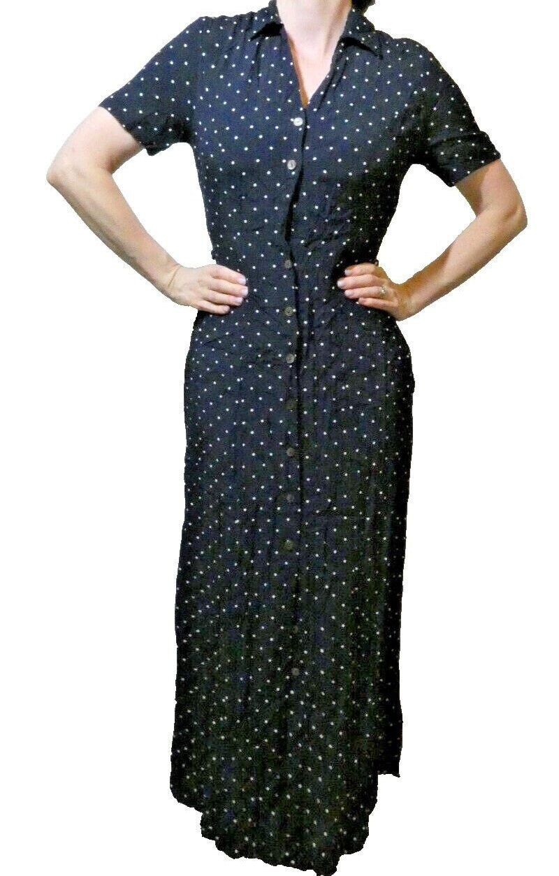 Long Black Dress Size S British Marks & Spencer Floor Length Polka Dots 50s Style Modest Church Office Wear Button Up Sexy