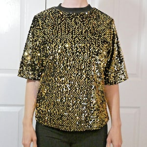 Gold Sequins Blouse Size 8 Black Under Top by Tu for Clubbing Cocktail Party Formal Gorgeous Shiny Fashion Retro