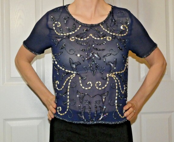 Navy Chiffon Blouse Beaded Top Sheer Gift for Mot… - image 2