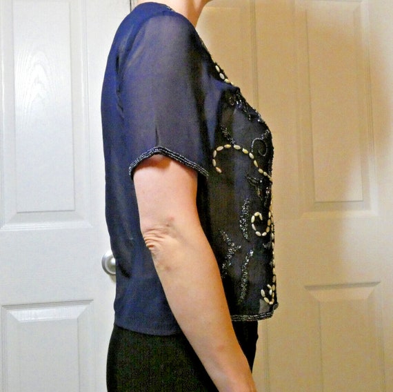 Navy Chiffon Blouse Beaded Top Sheer Gift for Mot… - image 3