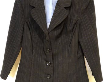 Pinstripe Black Blazer Jr Sz 7-8 Vintage Summer Fitted Jacket My Michelle 3/4 Sleeve Career Core Office Work School Shopping Everyday