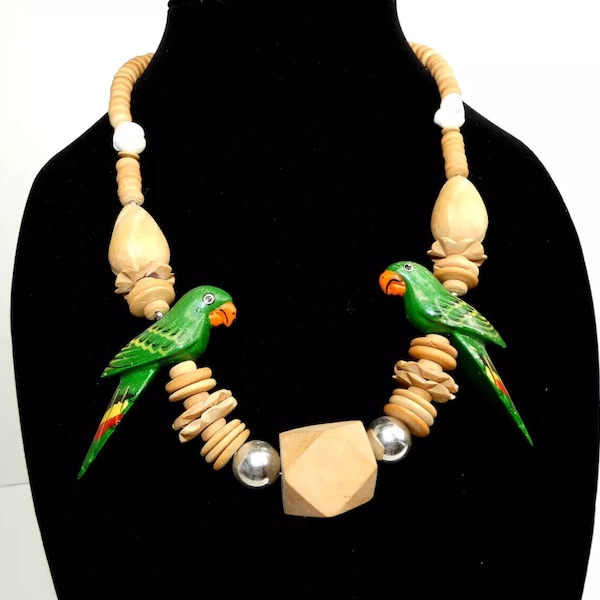 Parrot Necklace 22" Vintage 80s Large Wood Beads Seashells Reversible Birds Cruise Summer Vacation Retro Wear Hawaiian Accessory