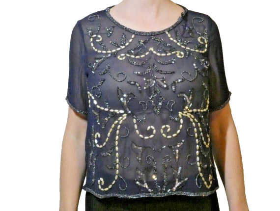 Navy Chiffon Blouse Beaded Top Sheer Gift for Mot… - image 1