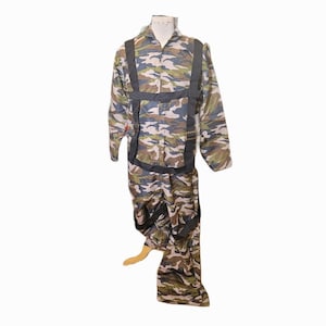 Men's XL paratrooper costume with flightsuit and harness with metal buckles.