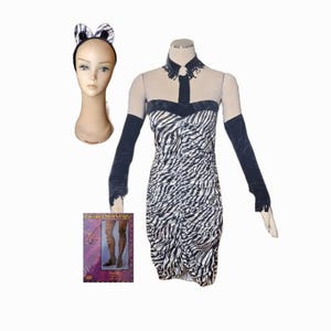Könnte beinhalten: Ein Zebra-Print-Kleid mit passenden schwarzen Armstulpen und einem Stirnband mit Zebra-Ohren. Eine Packung Netzstrümpfe ist ebenfalls enthalten. Das Kleid wird auf einer Schaufensterpuppe präsentiert.