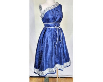 Women's S-M Greek Goddess Toga Dress in Royal Blue and Silver