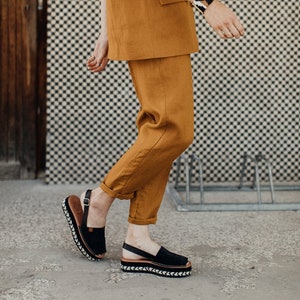 Bright orange mustard yellow linen minimalistic elegant summer pants comfortable suit trousers TWO/NIGHT image 1