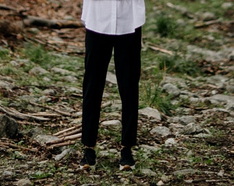 Slim elegant black wool pants minimalistic modern woollen trousers