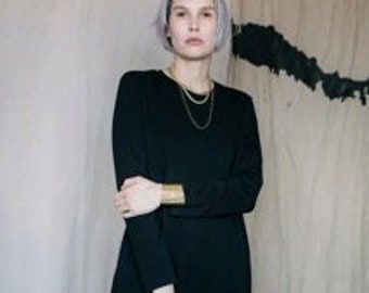 Slim black cotton minimalistic midi longsleeve dress AKITO