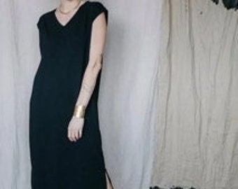Oversized black cotton minimalistic midi summer dress with a v neckline IVI