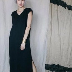 Oversized black cotton minimalistic midi summer dress with a v neckline IVI