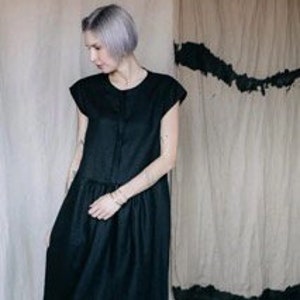 Elegant minimalistic black linen sleeveless flowy oversized button down dress MERY