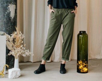 Minimalistic khaki baggy cotton and lyocell trousers