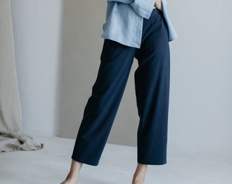 Navy blue cotton and lyocell Tencel blend wide elegant minimalistic pants comfortable trousers WEEKEND