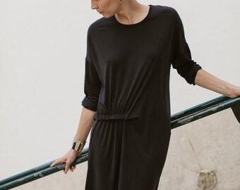 Midi noir décontracté lyocell Tencel élégante robe en satin