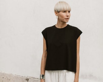 Black cotton minimalistic short asymmetrical elegant t-shirt