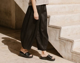 Black linen minimalistic wide flowy pants summer coulottes trousers PLAY