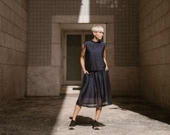 Minimalistic navy blue indigo silk and cotton flowy delicate elegant summer skirt DREAM